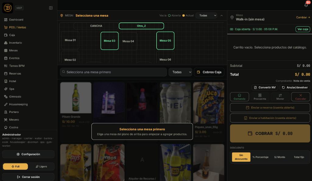 Sistema Barranquita Eventos — Módulo POS y Ventas con catálogo visual y cobro de caja