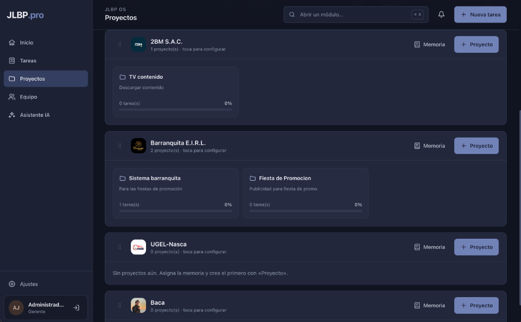 JLBP OS — Dashboard de proyectos multi-empresa y equipos